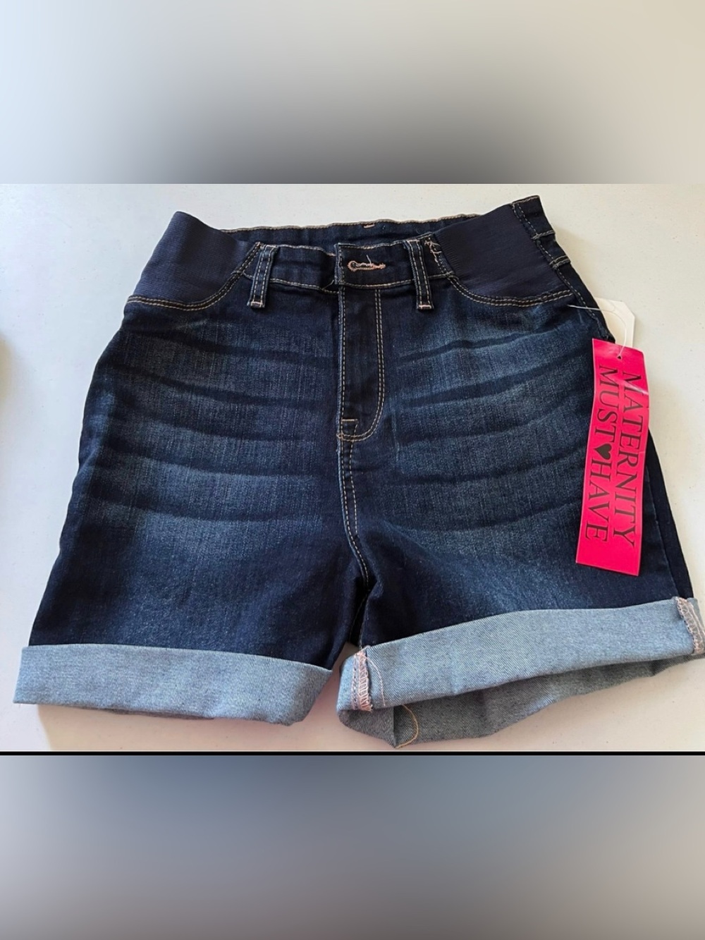 Maternity Dark Wash Denim Shorts with Stretch Waistband